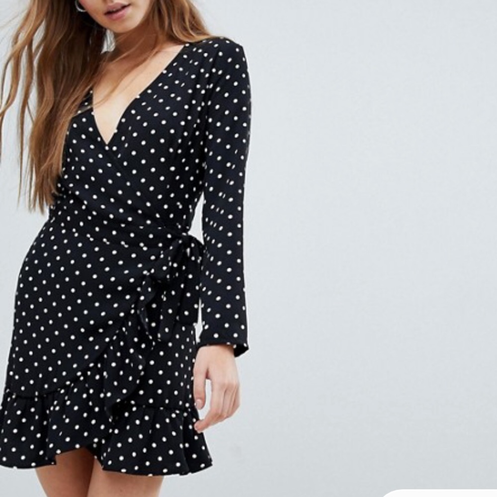 Bershka ASOS Polka Dot Side Tie Deep V Dress
